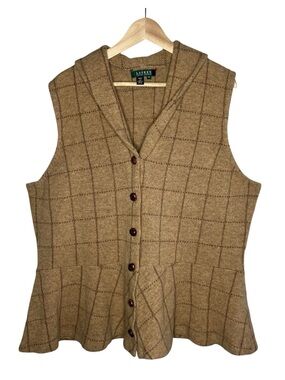 Lauren Ralph Lauren Camel Tan Plaid Lambswool Peplum Button Front Sweater Vest